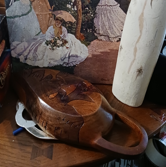 Vintage Artisan🐟 🥘Art Oval Tray Platter  Hand Carved Wood🪵Nice Gift.🎁 💕🥭 - Picture 8 of 11